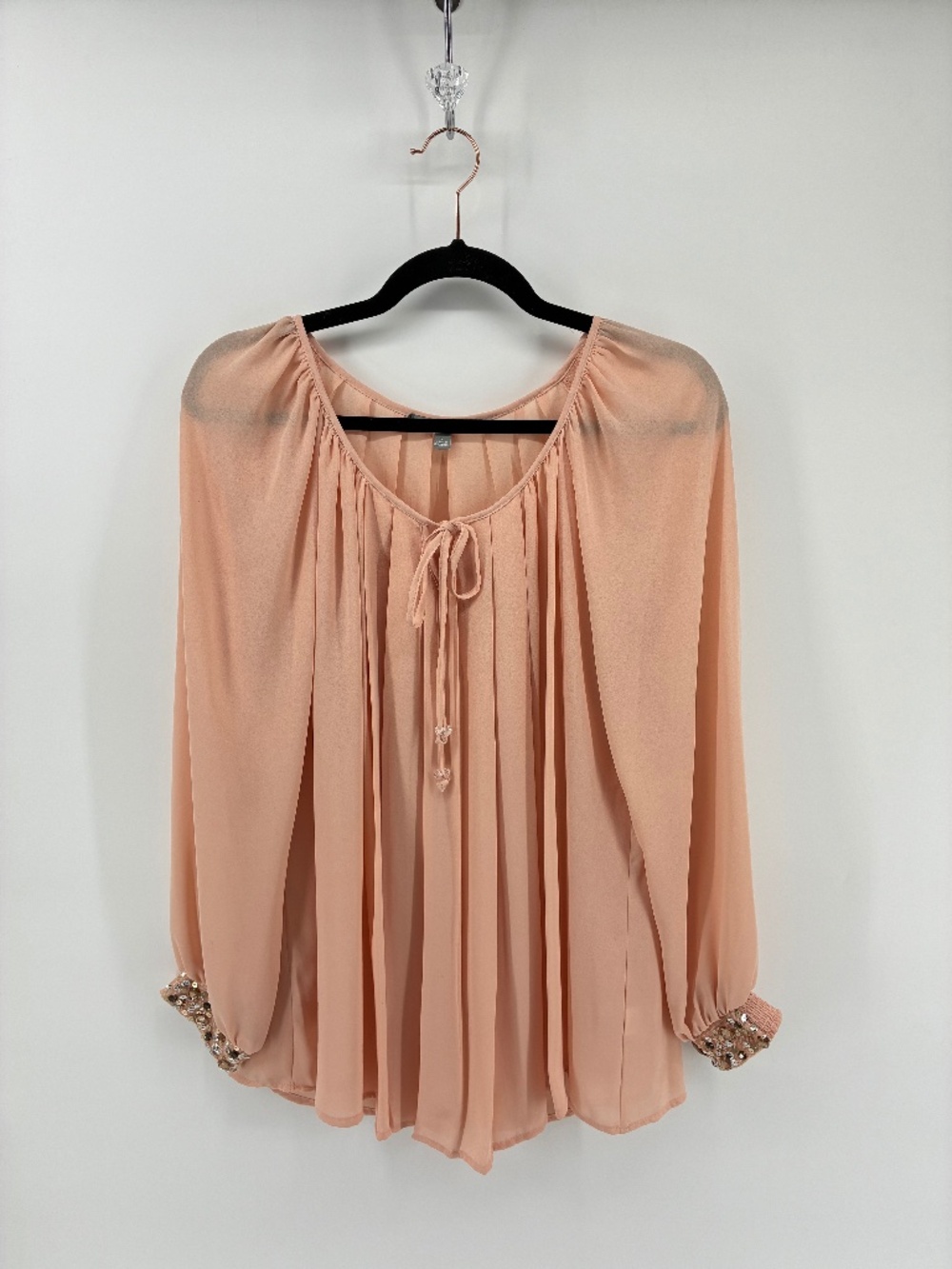 NY Collection Pink Blouse Sheer Bedazzled Cuff Statement Sleeves